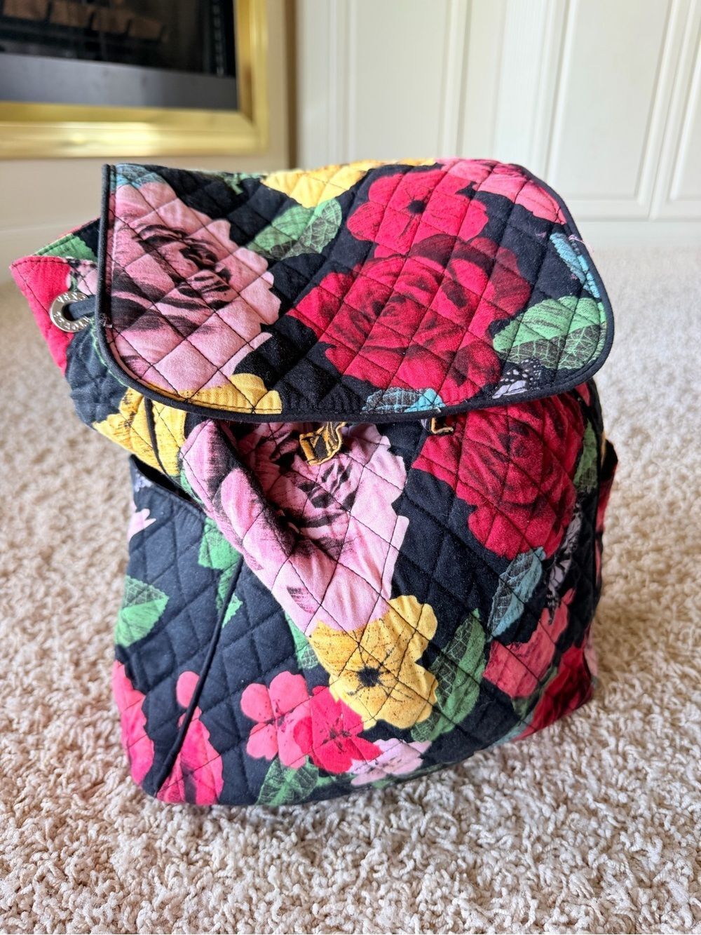Vera Bradley Quilted Black Backpack with Red, Pink and Yellow Floral Print